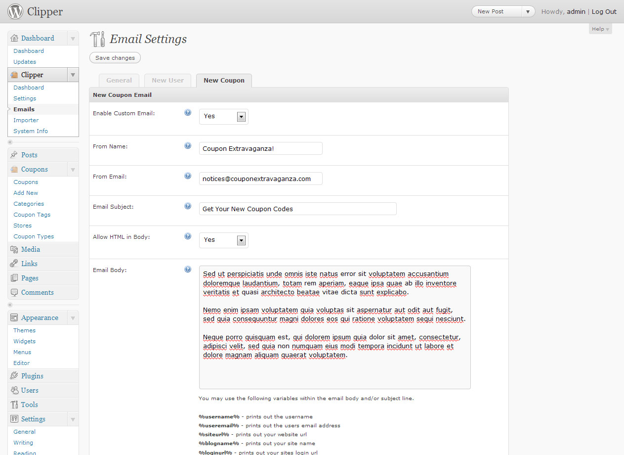 Clipper custom email settings